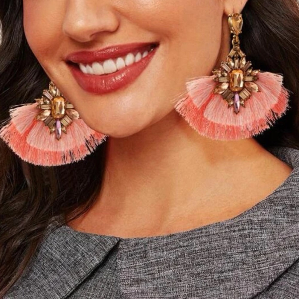Handmade Pink Tassel Fan Earrings with Gold Accents